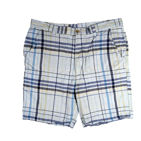 Caribbean Brand Men's Shorts Blue Plaid Linen Blend Size 38 Beach Cruise Golf - Picture 1 of 6